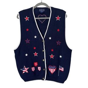 Charter Club Vintage USA Patriotic Button Front Cotton Novelty Sweater Vest